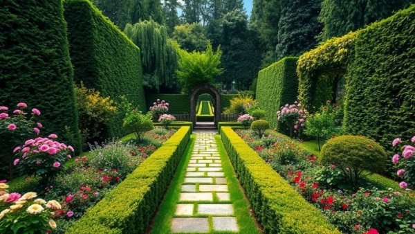 Lush garden landscape with hedges and flowers, garden landscape ideas 2025.