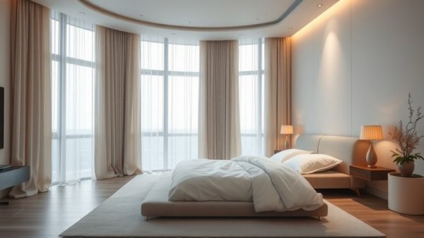 Modern minimalist bedroom design with large windows and ambient lighting.