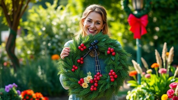 Woman making Christmas plant decorations in a garden setting.