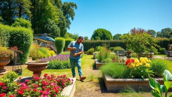 Two people in a garden DIY challenge with garden beds and lush scenery.