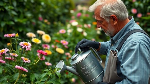 Man feeding flowers in a lush garden, watering plants.