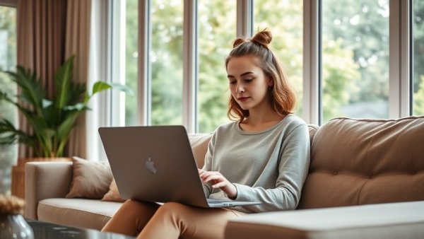 Woman engages with multilingual patient portals in cozy living room.