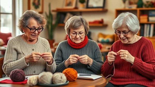 Seniors practicing knitting, enhancing community engagement for seniors.
