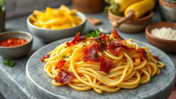 Creamy corn pasta with bacon garnished with herbs on a stone table.