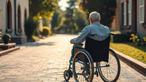 Elderly person in wheelchair on sunny path, memory loss and dementia early signs.