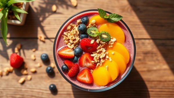 Nourishing smoothie bowl for digestive health on wooden table.