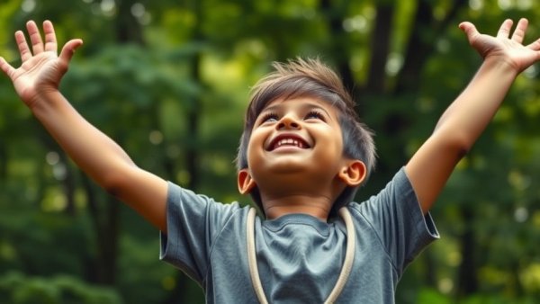 Joyful young boy outdoors, symbolizing happiness and optimism in personal finance.
