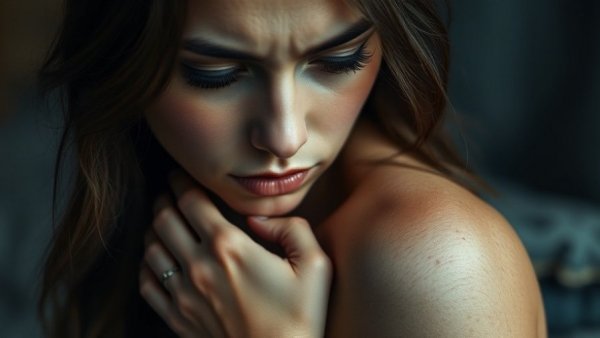 Young woman showing shingles symptoms in soft lighting