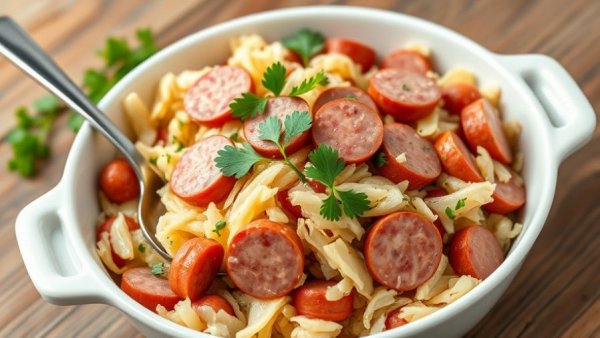 Bowl of kielbasa and sauerkraut with parsley garnish, recipe photo.