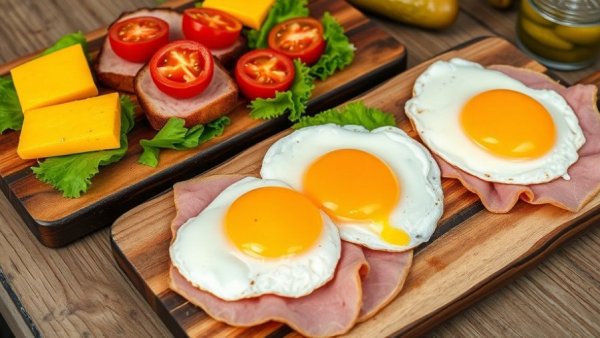 Vitality Foods for Energy Boost: vibrant breakfast platter of eggs and ham on wooden boards.