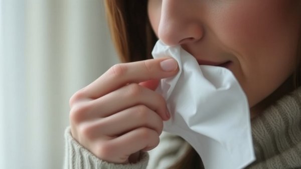 Woman with whooping cough symptoms pressing tissue to nose.