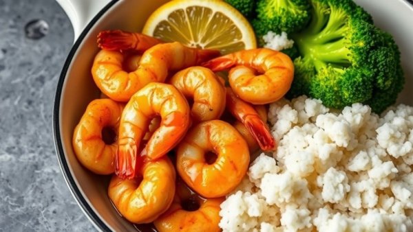 Delicious honey garlic shrimp with lemon and rice sides.