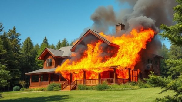 Wooden house on fire, emphasizing home renovation safety.