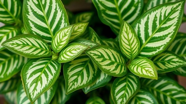 Close-up of Chinese Evergreen leaves, displaying variegated patterns.