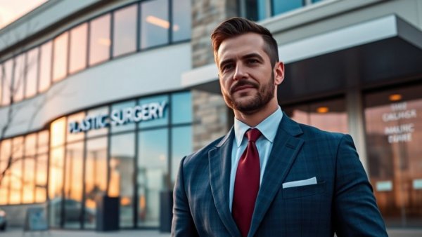 Distinguished man at plastic surgery center, showcasing innovation and safety.