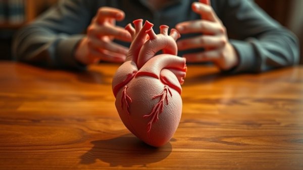 3D-printed human heart model on table highlighting medical innovation.