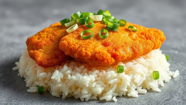 Crisp chicken katsu slices over rice with green onions.