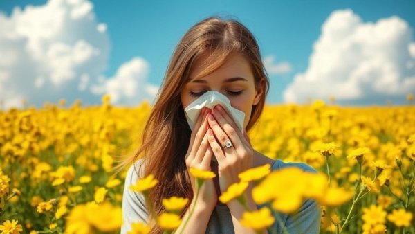 Woman sneezing due to seasonal allergies amid yellow flowers, climate change impact