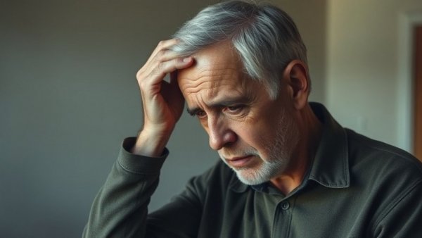 Distressed older man holding head, Bipolar symptoms vs depression signs.