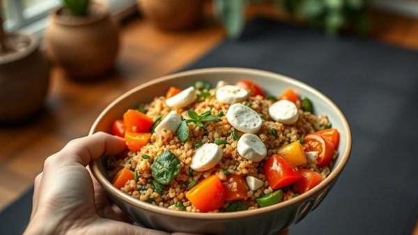 Person holding a bowl of quinoa salad, showcasing diet influences lifespan.