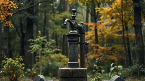 Rustic water pump surrounded by greenery, illustrating selling a home with well water.