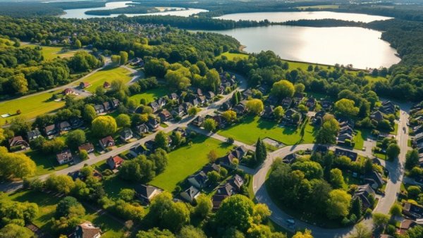 Scenic aerial view of a residential area with highlighted land, perfect for selling land without a realtor.
