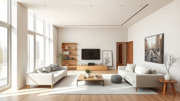 Minimalist living room design in modern grid layout with neutral tones.
