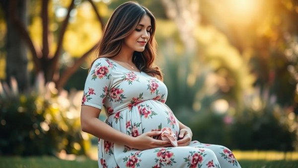 Serene pregnant woman seated outdoors with baby shoes.