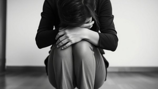 Symptoms of Emotional Burnout depicted by person seated in distress, monochrome.