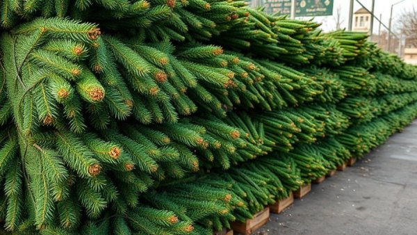 Freshly cut Christmas trees ready for recycling in a market setting.
