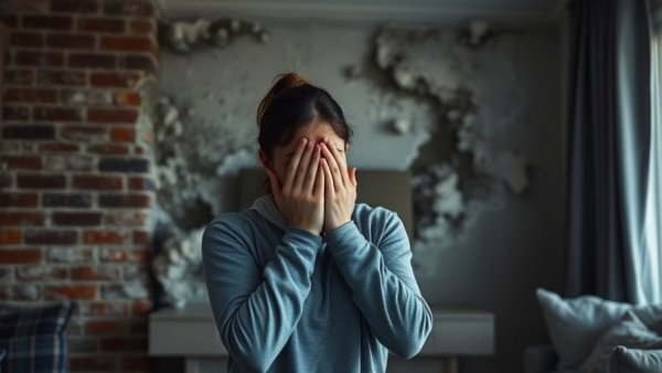 Concerned woman examining moldy wall in a house interior.
