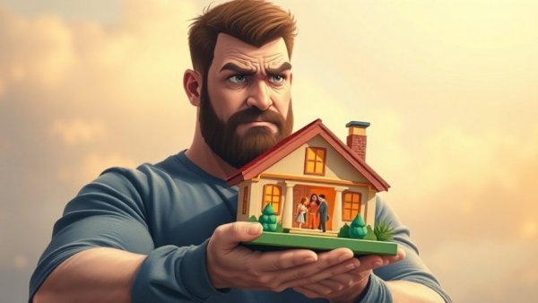 Cartoon of man holding house with family, symbolizing personal finance.