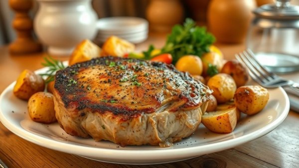Juicy ranch pork chop with potatoes and veggies.