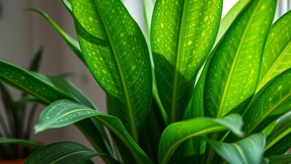 Vibrant dumb cane plant care leaves in close-up view.