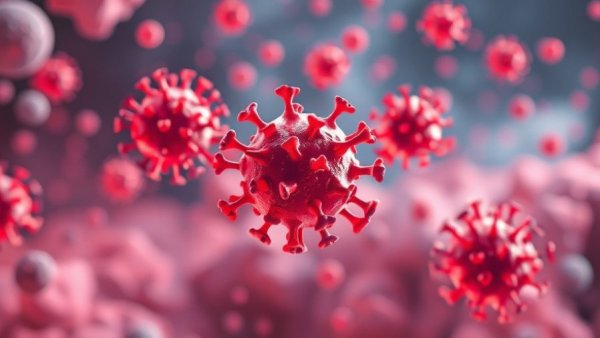 Abstract depiction of COVID-19 viruses in a vivid red and pink background.