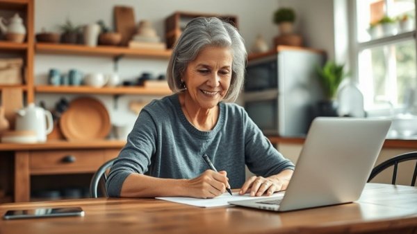 Senior woman writing a legacy letter on a laptop in a cozy kitchen.