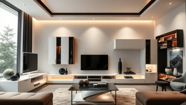 Elegant modern TV cabinet design 2025 with integrated lighting.