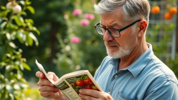 Man studying a tomato seed packet in a garden, understanding seed packets for tomatoes.