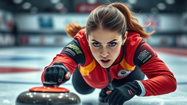 Determined female curler at Milano Cortina 2026 Winter Olympics in action.