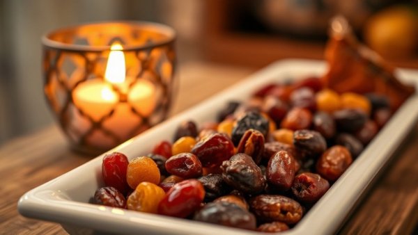 Dried fruits in a dish next to a glowing candle, emphasizing warm ambiance.