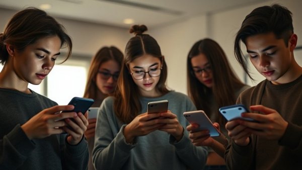 Young adults doomscrolling, phones in hand indoors, neutral setting, effects on mental health.