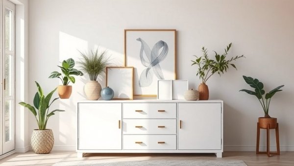 Modern white cabinet adorned with art and decor in bright room.