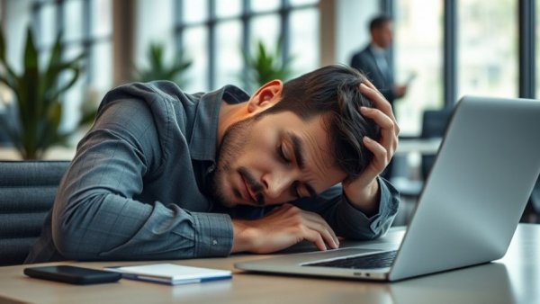 Tired man managing social fatigue, head on desk in office.