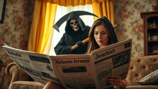 Senior living community woman reading as a prankster stands by.