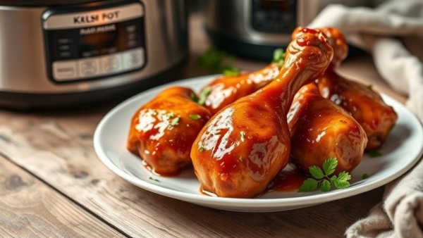 Glazed slow cooker chicken drumsticks on a plate with herbs.