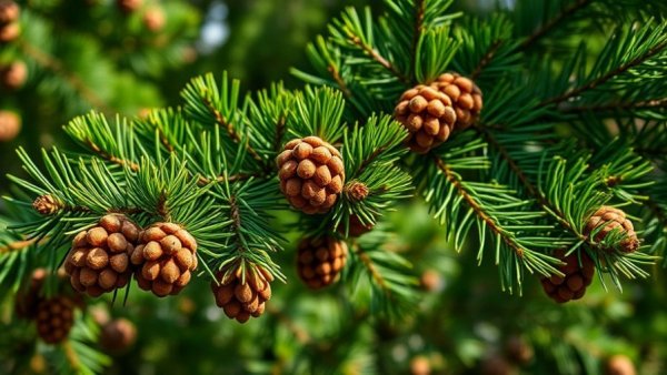 Close-up of Douglas fir branches with cones and needles in sunlight.