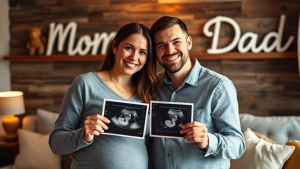 Happy couple celebrating pregnancy journey at home.
