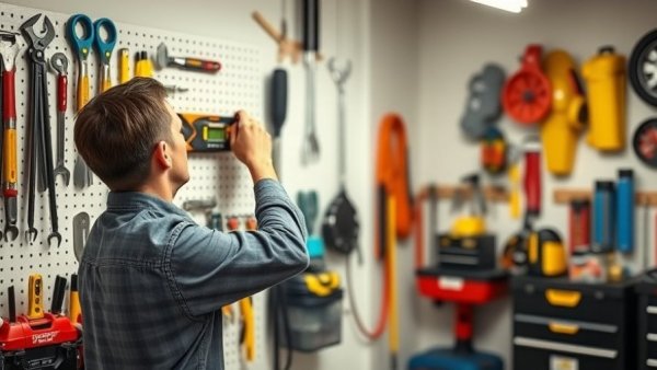 Organized garage workspace with tools and man adjusting a level.