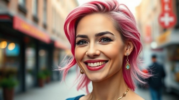 Smiling woman in urban setting with pink hair and jewelry.