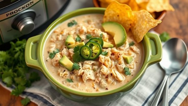 Crockpot White Chicken Chili served with jalapenos and avocado.